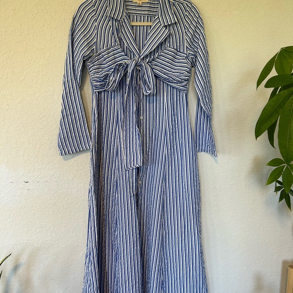 Blue & White Stripped Tie Front Maxi Shirt Dress, Coastal Chic Button Down Dress - Picture 3 of 11